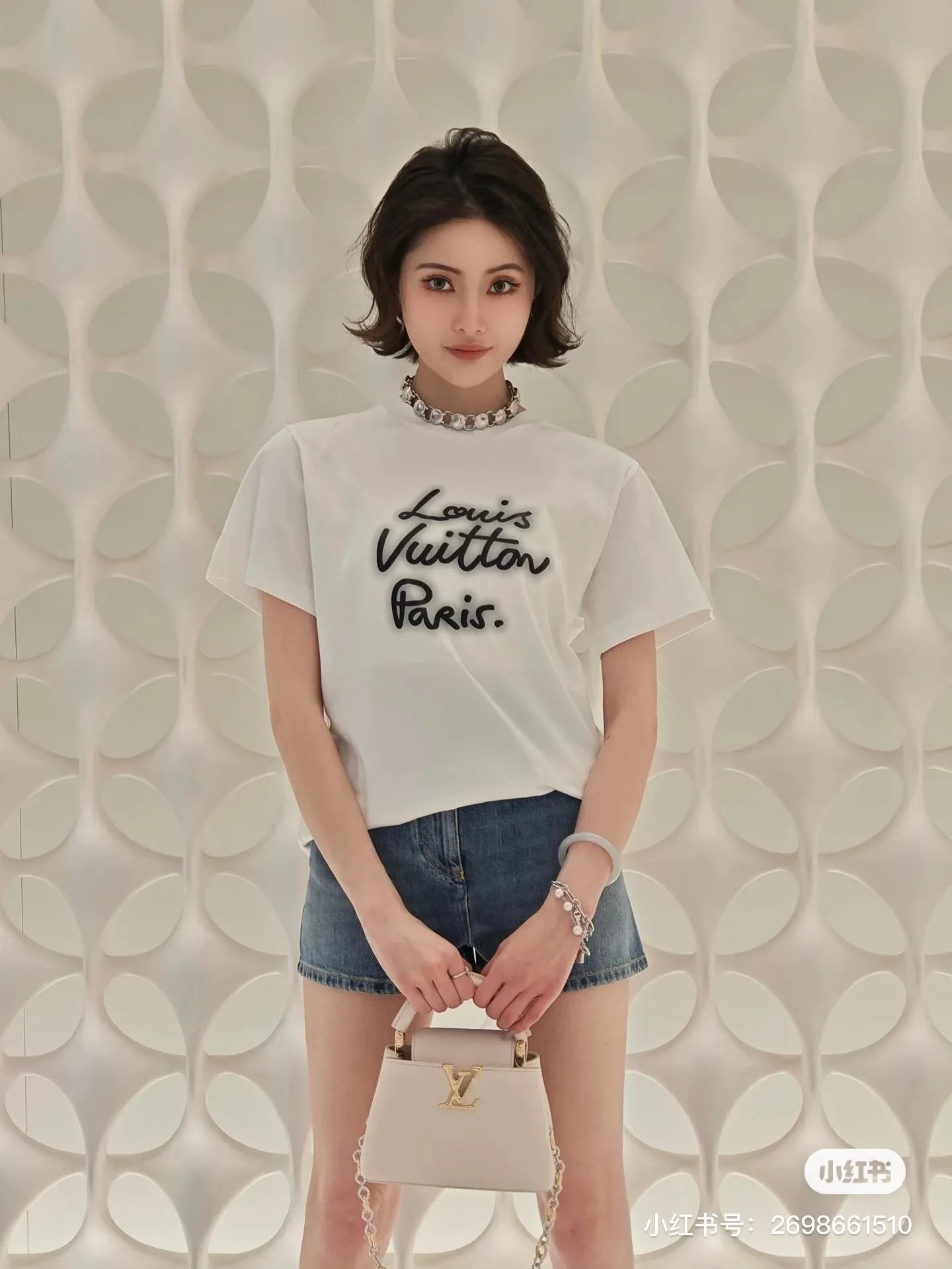 Louis Vuitton/Louis Vuitton 26ss signature letter embroidered short sleeves